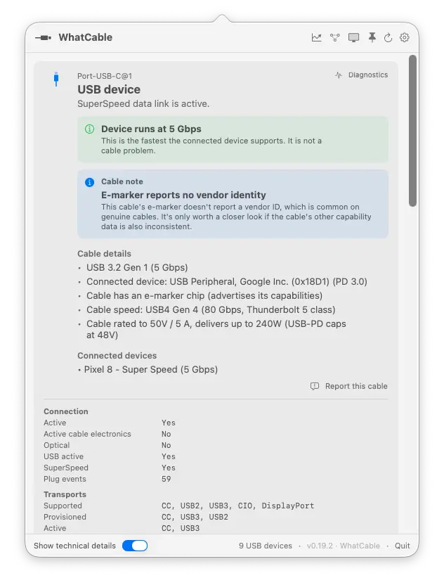 WhatCable showing a cable's e-marker identity, speed, power rating and connected device